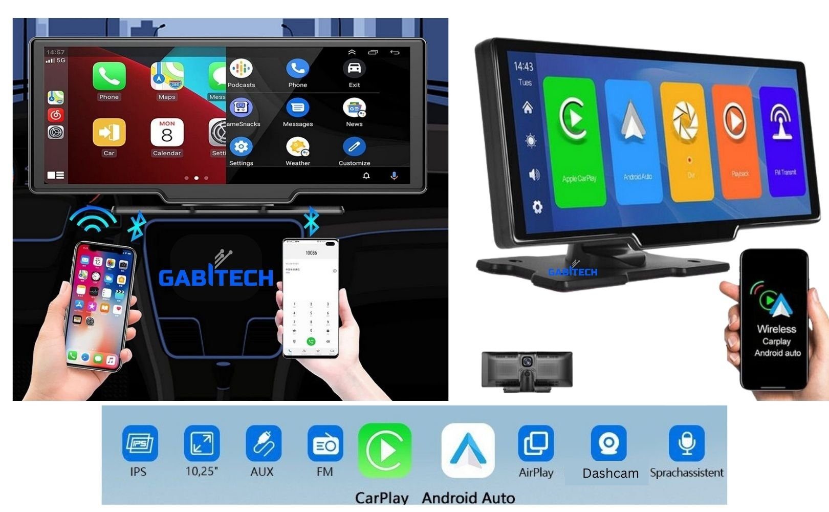 Monitor (Zentraleuropa Apple, 10 Sprachsteuerung, PKW & GABITECH Videoaufzeichnung, Android Dashcam für und Länder), Bluetooth) LKW Carplay (19 Auto Kamera Zoll Navigationsgerät Wohnmobil