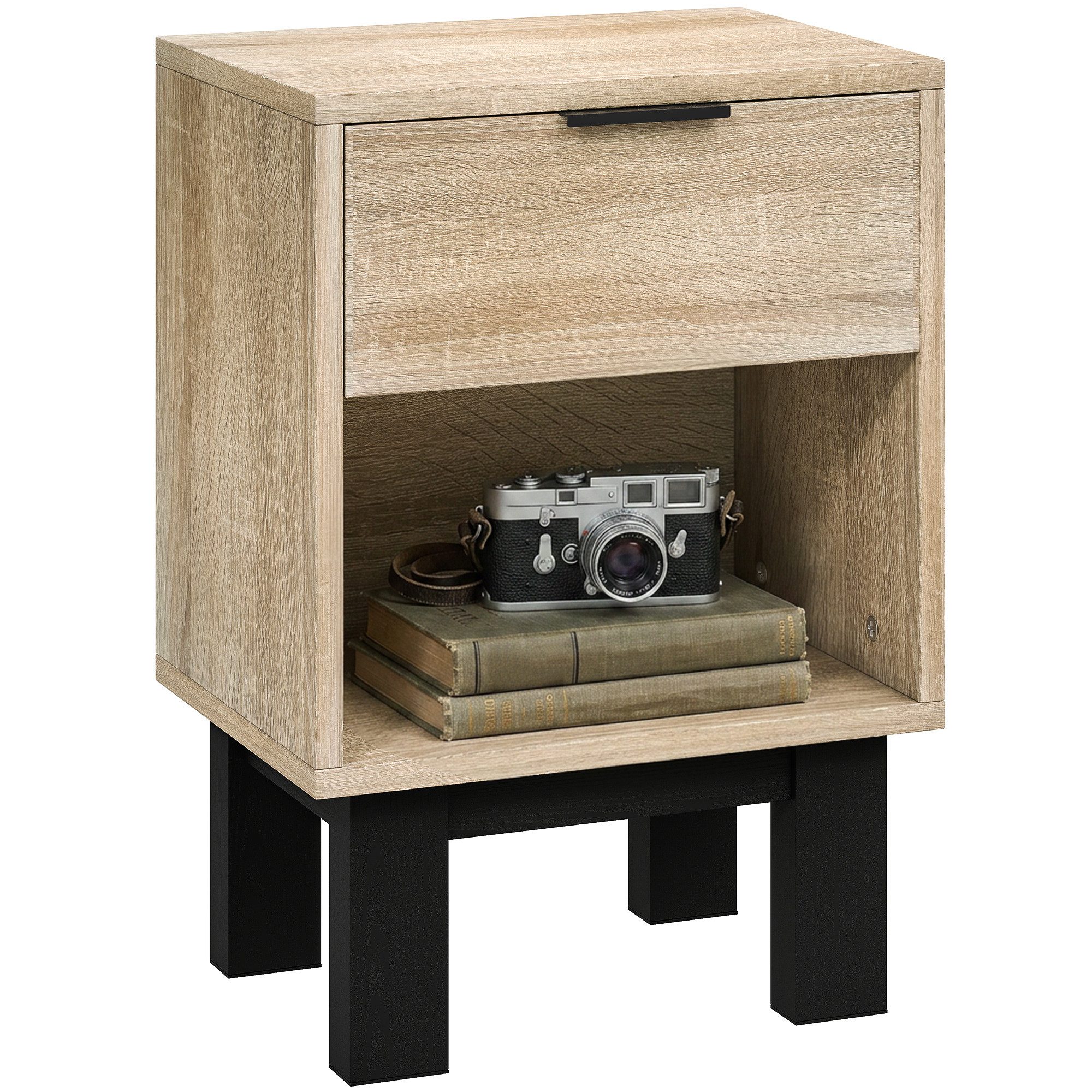 HOMCOM Nachttisch mit Schublade, offenes Fach (Nachtschrank, 1-St., Nachtkommode), für Schlafzimmer, Wohnzimmer, Eiche, 35 x 26 x 50 cm