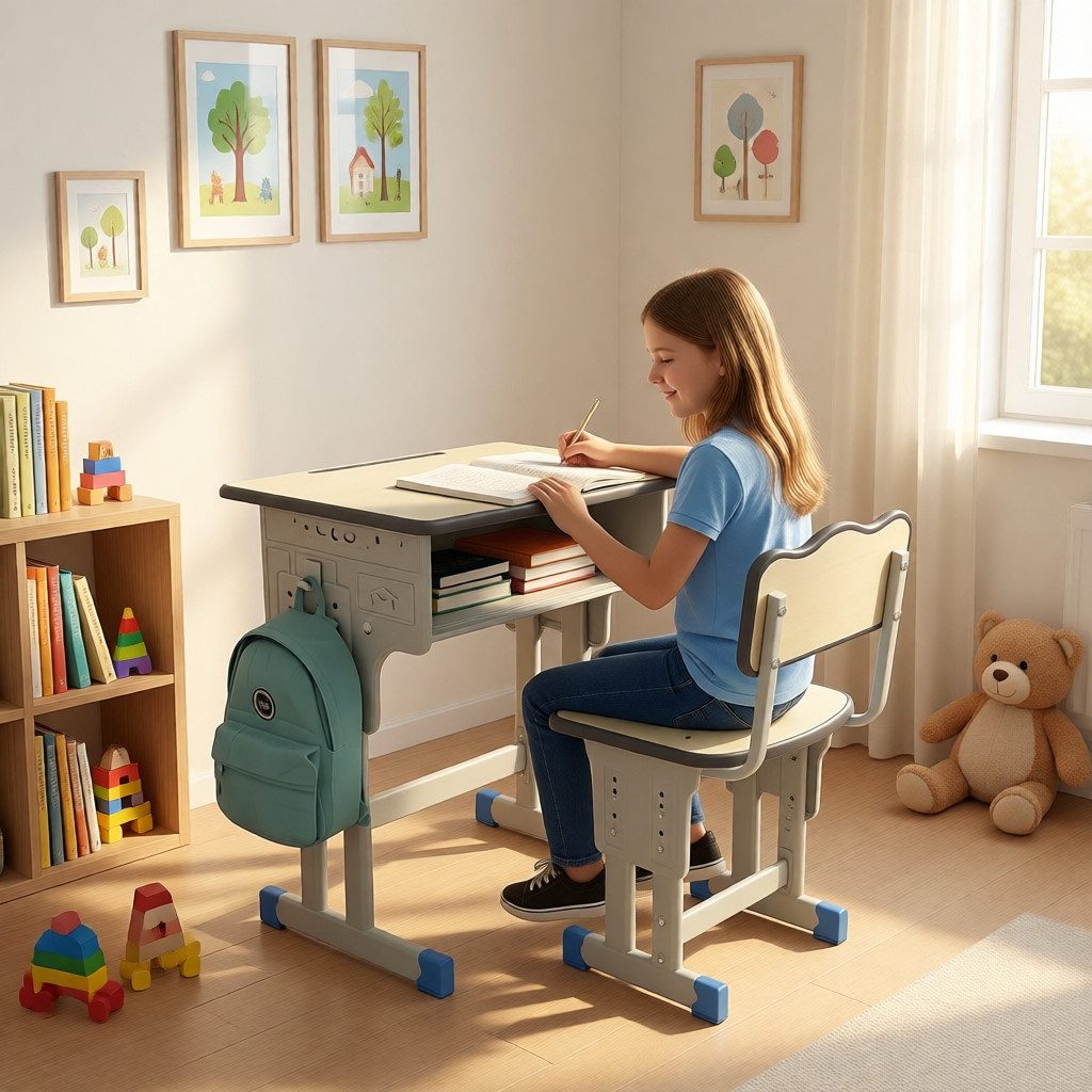 BBG Kinderschreibtisch Höhenverstellbares Kinder Schreibtisch Set mit Stuhl (Ergonomischer Lerntisch 60x40 cm, 4-Stufen Höhenverstellung, Ein Tisch, ein Stuhl), – Bild 2 von 5