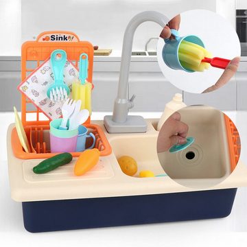 DOPWii Spielküche Spielzeug-Küchenspüle mit Kochfeld, Topf mit Sprühstrahl, realistischen Lichtern und Geräuschen, Schneiden von Lebensmitteln