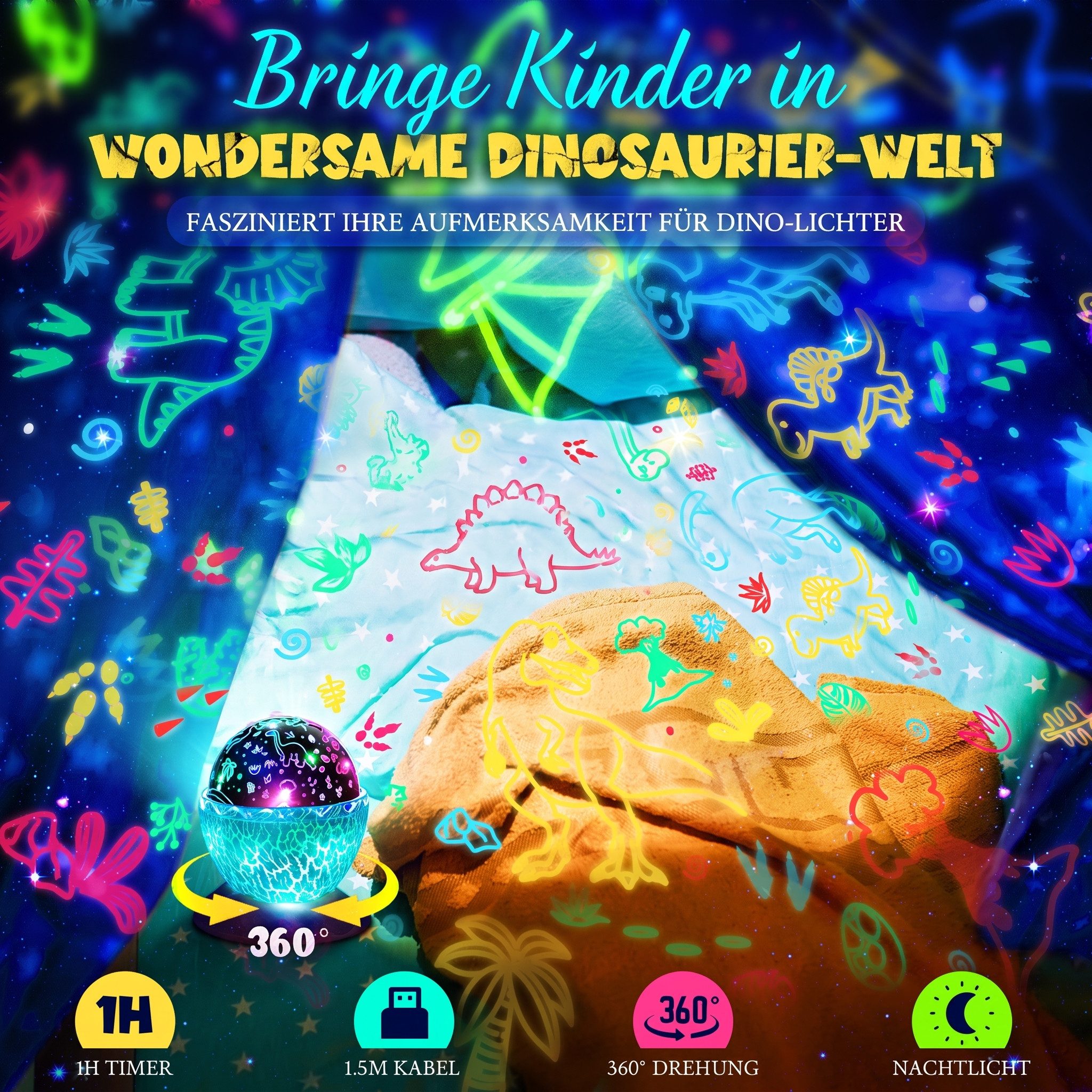 Wootoy LED Nachtlicht Sternenprojektor LED Sternenhimmel 2-in-1 Dinosaurier-Ei Projektor, USB-aufladbar integriertem 1-Stunden-Timer und 360°-Rotation, LED fest integriert, 6 Lichtmodi, 2-in-1 Design mit Sternenhimmel- und Dinosaurier-Projektion