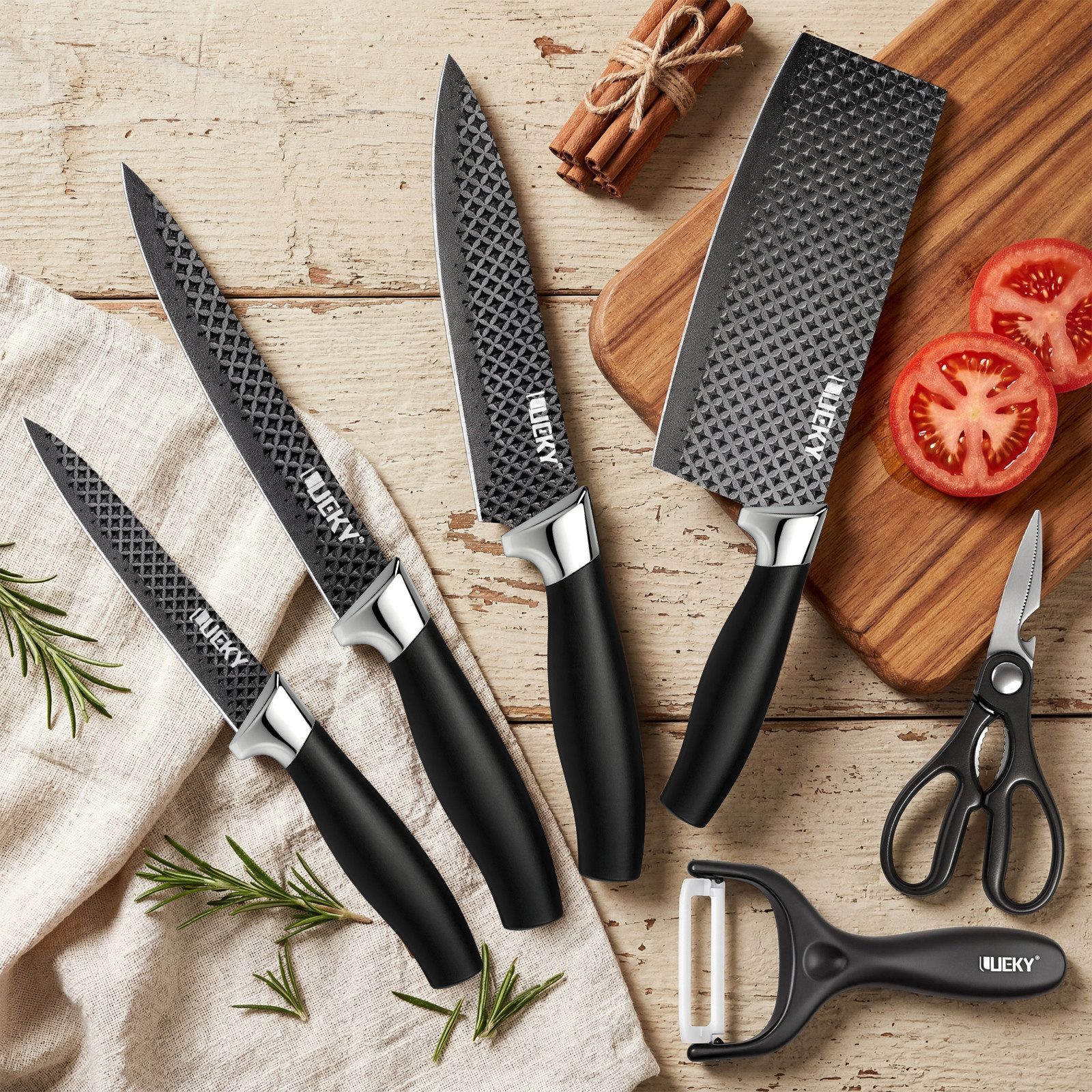 MDHAND Messer-Set 6-teiliges Kochmesser-Set, Edelstahl Küchenmesserset, Geschenkbox (6-tlg), mit ergonomischem Griff, Küchenschere & Sparschäler