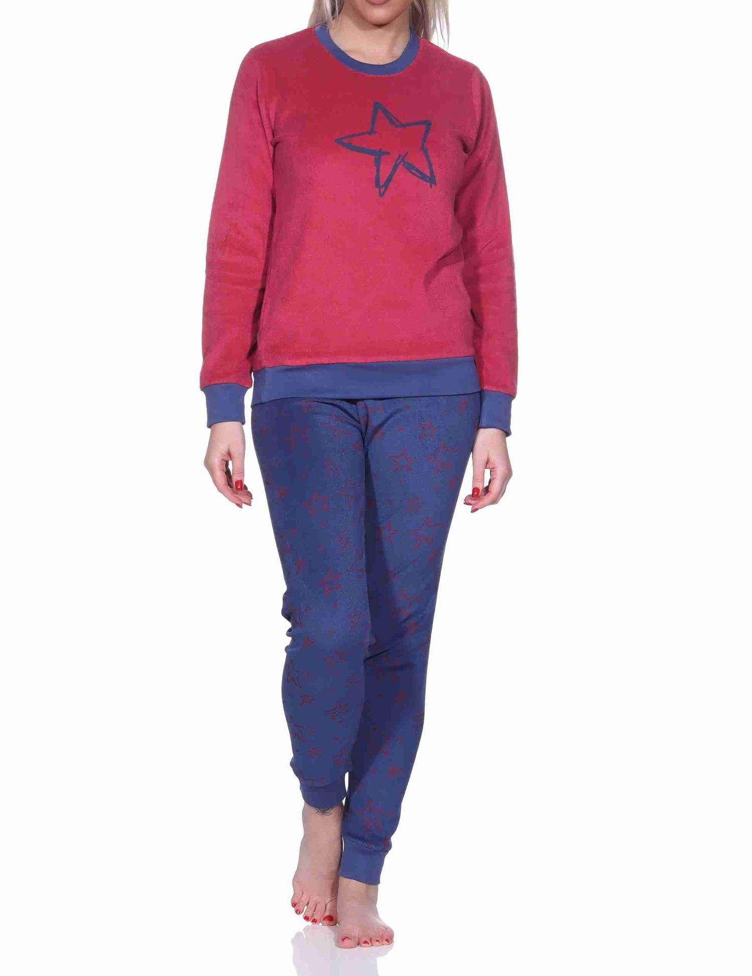 Pyjama Kuscheliger Damen Frottee Schlafanzug mit Bündchen in Sterne Optik