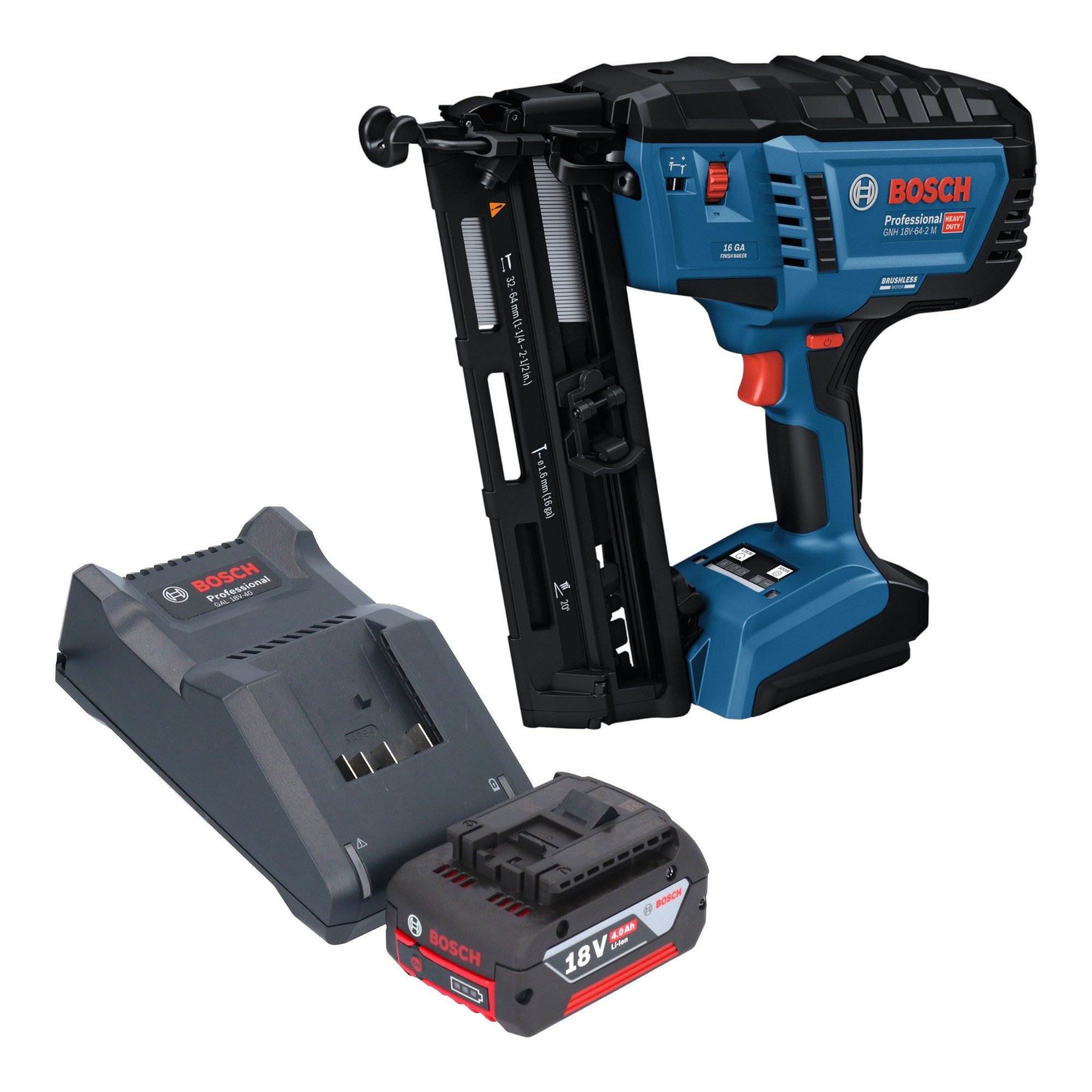 Bosch Professional Nagler GNH 18V-64-2 M Professional 18 V + 1x Akku 4,0 Ah + Ladegerät