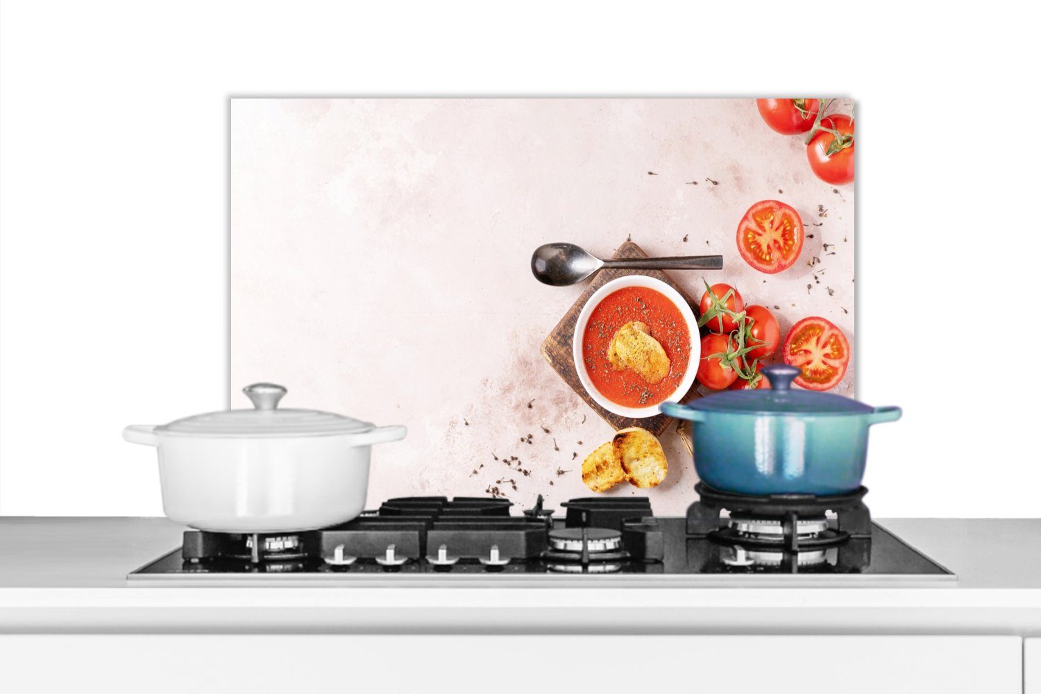 MuchoWow Küchenrückwand Tomate - Suppe - Küche - Kräuter, (1-tlg), 60x40 cm, Herdblende aus Wandschutz, Temperaturbeständig küchen
