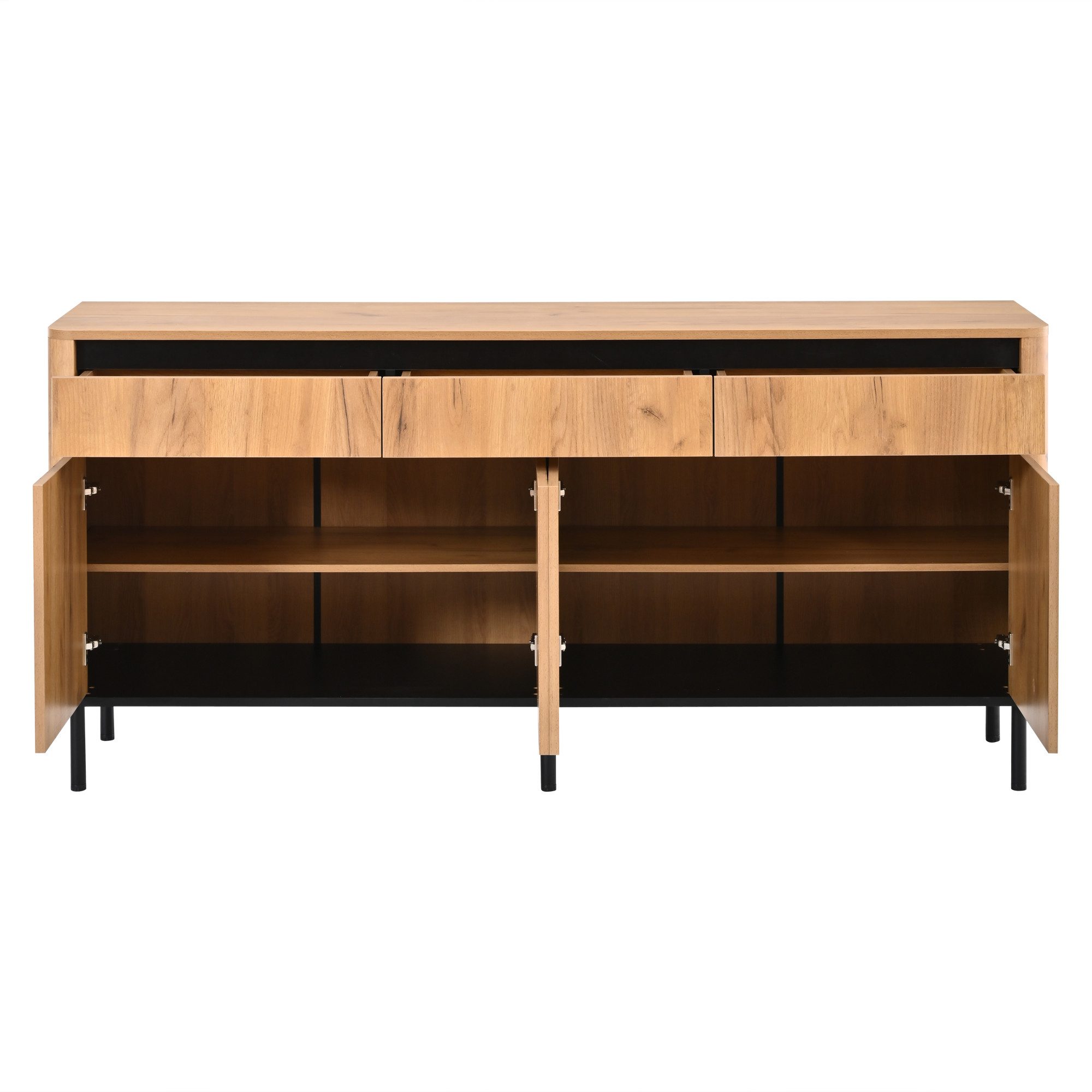 KLAM HOME Sideboard Eichenoptik Sideboard mit 3 Schubladen und Lamellentüren (160cm TV-Schrank MDF mit Metallfüßen bis 30kg belastbar), Sichere Wohnkommode mit abgerundeten Kanten & Stauraum