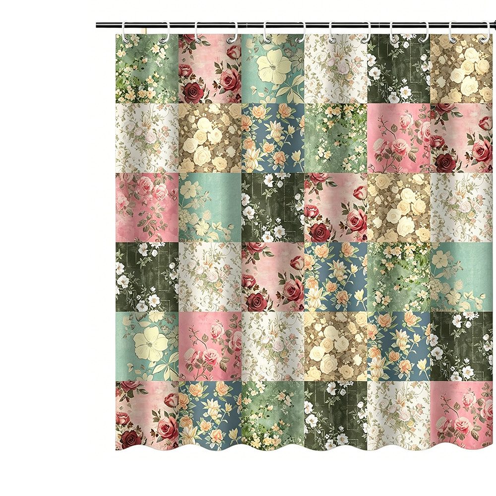 Zyronn Duschvorhang Vintage-Boho-Badezimmerdeko mit rosa Blumen, 80x200cm/180x180cm Breite 180 cm, Patchwork-Blumendesign im Landhausstil, mit 12 transparenten Ringen