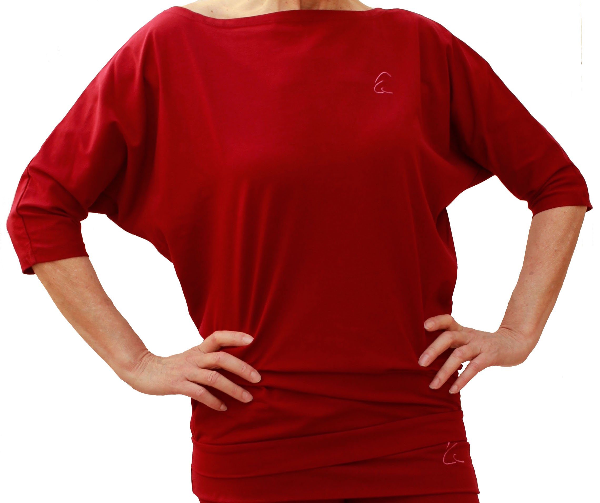 ESPARTO Yogashirt Halbarmshirt Sadaa in Bio-Baumwolle Wohlfühlshirt mit breitem Schulterausschnitt (U-Boot-Ausschnitt) Granatrot