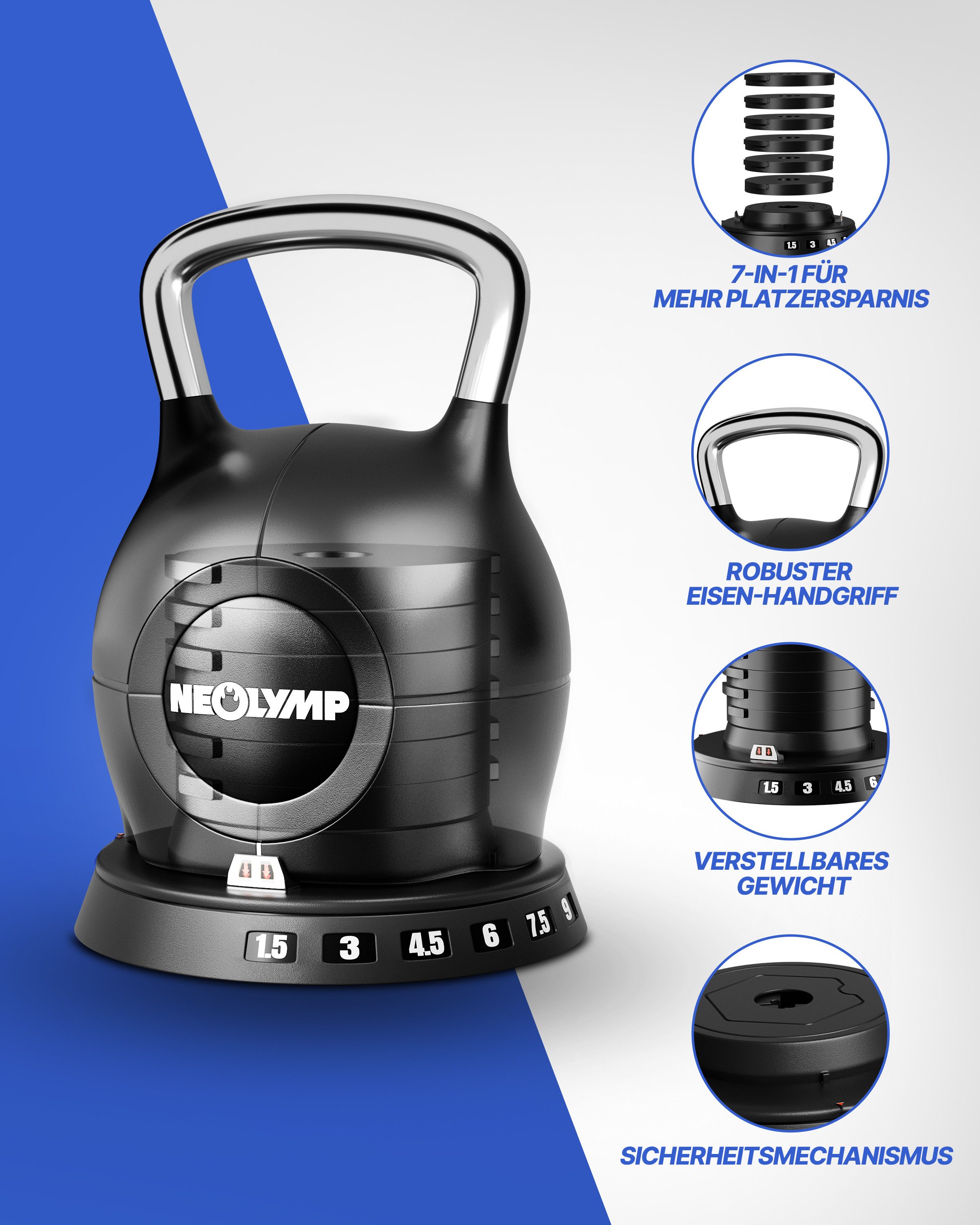 NEOLYMP Kettlebell Kettlebell Set 1,5-20 kg - 7-in-1 Kettlebell verstellbar - Kugelhantel, (7-in-1 Kettlebell verstellbar mit robustem Edelstahl-Handgriff)