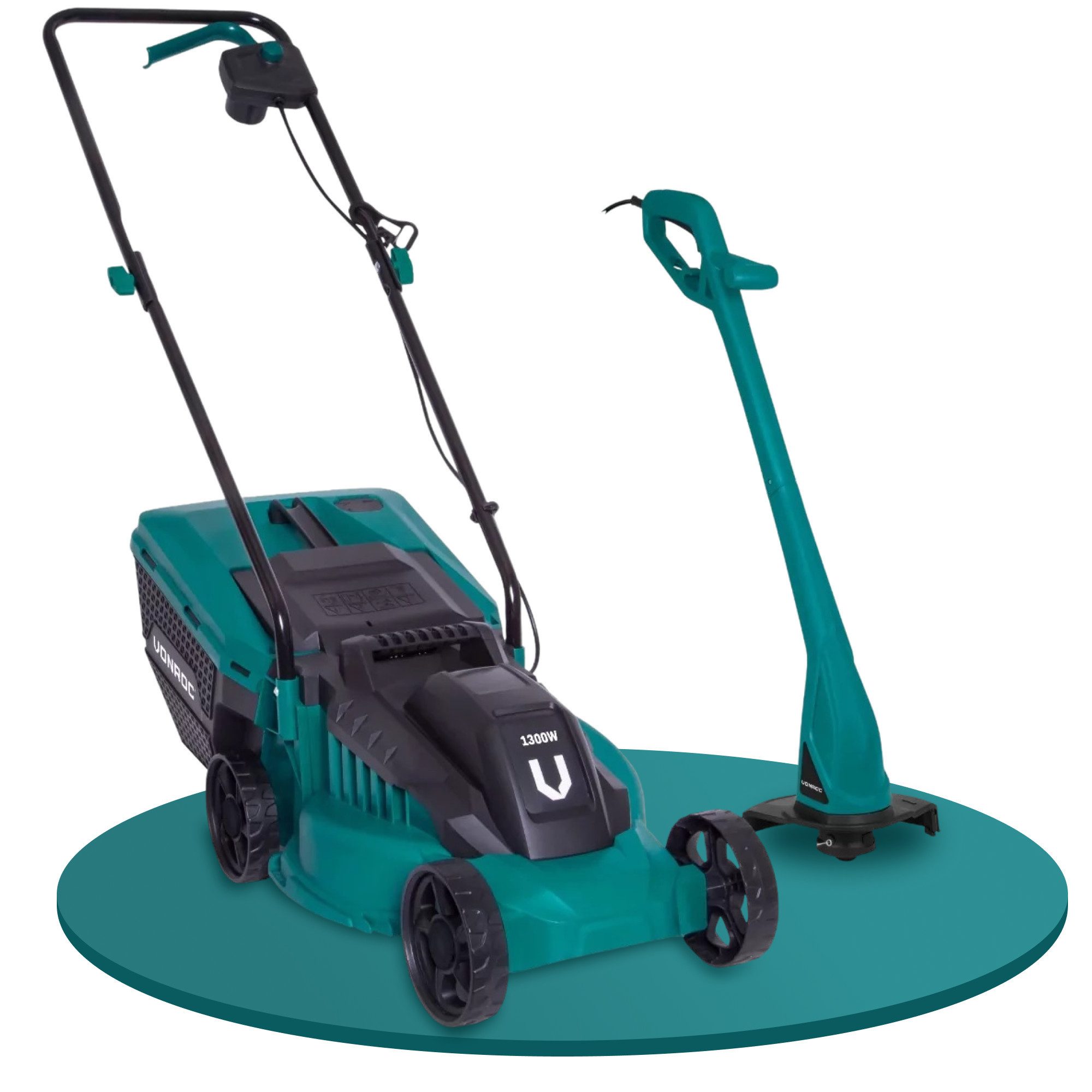 VONROC Elektrorasenmäher mit Kabel - Rasenmäher Elektro für kleine bis mittelgroße Flächen, 32 cm Schnittbreite, (Set, Set Version mit Trimmer), 1300W - einstellbare Schnitthöhe 30-70MM