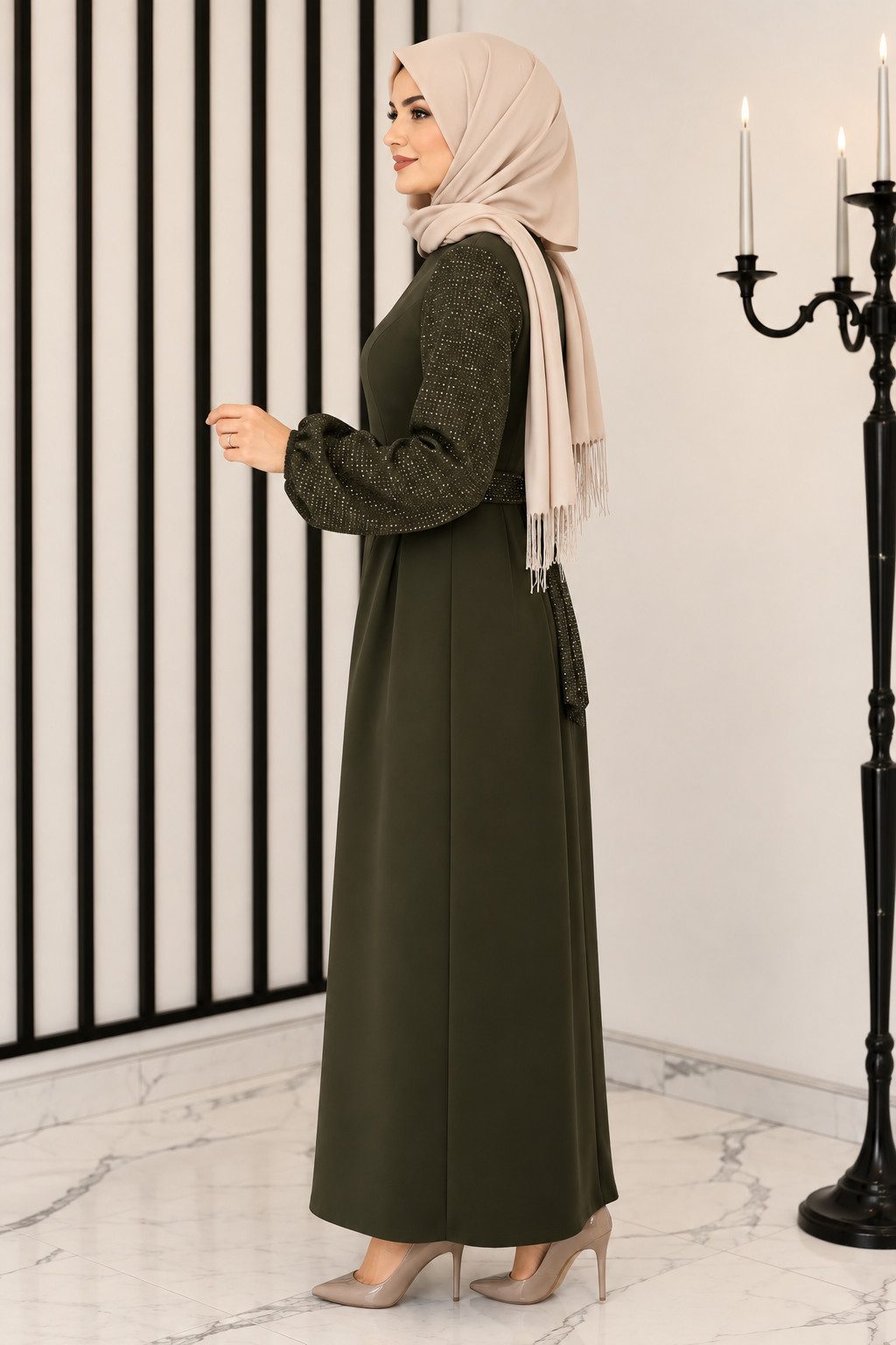 fashionshowcase Maxikleid Damen festlich A-Linie Krepp mit Pailletten Ärmeln gefüttert lang festlicher Look, Taillendetail, gefüttert, fällt 1 Größe kleiner aus – Bild 3 von 5