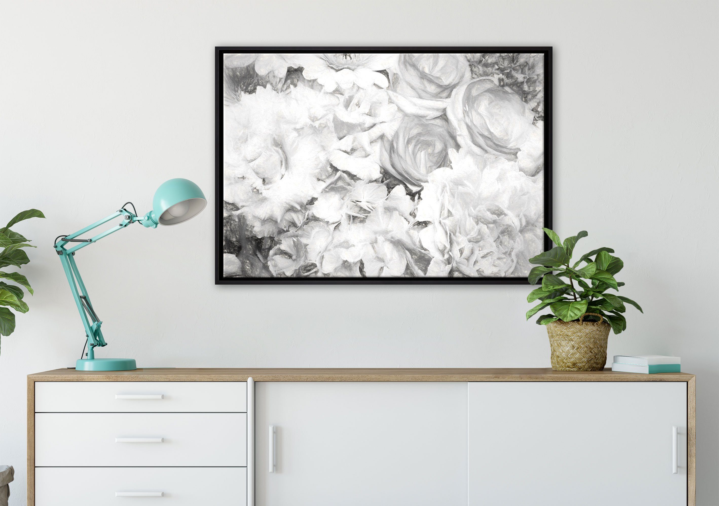 Zackenaufhänger einem gefasst, Leinwandbild Pixxprint Blumenstrauss St), bespannt, Kunst, Leinwandbild in (1 inkl. fertig Schattenfugen-Bilderrahmen prachtvoller Wanddekoration