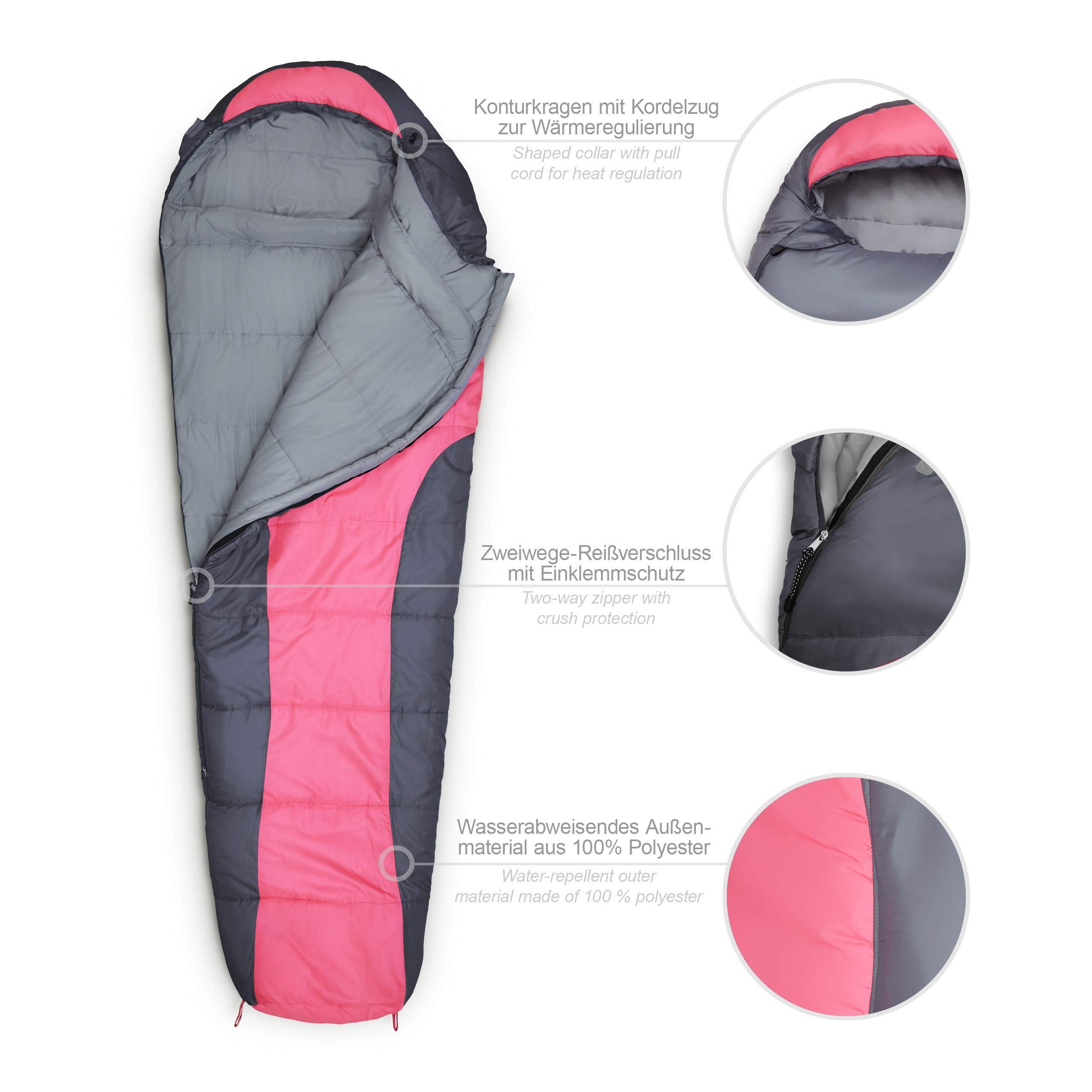 Lumaland Mumienschlafsack Where Tomorrow pink 230x80x55 wasserabweisend Tasche, Camping Wärmekragen atmungsaktiv Schlafsack mit