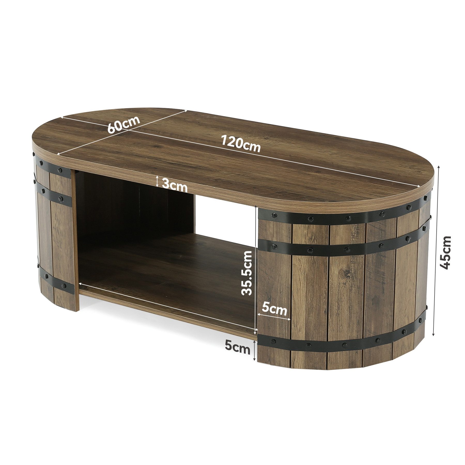 Tribesigns Couchtisch Ovaler Couchtisch Wohnzimmertisch 120 cm mit Stauraum (120 x 60 x 45 cm), 2 Ebenen Wohnzimmertisch im Industrial- und Landhausstil