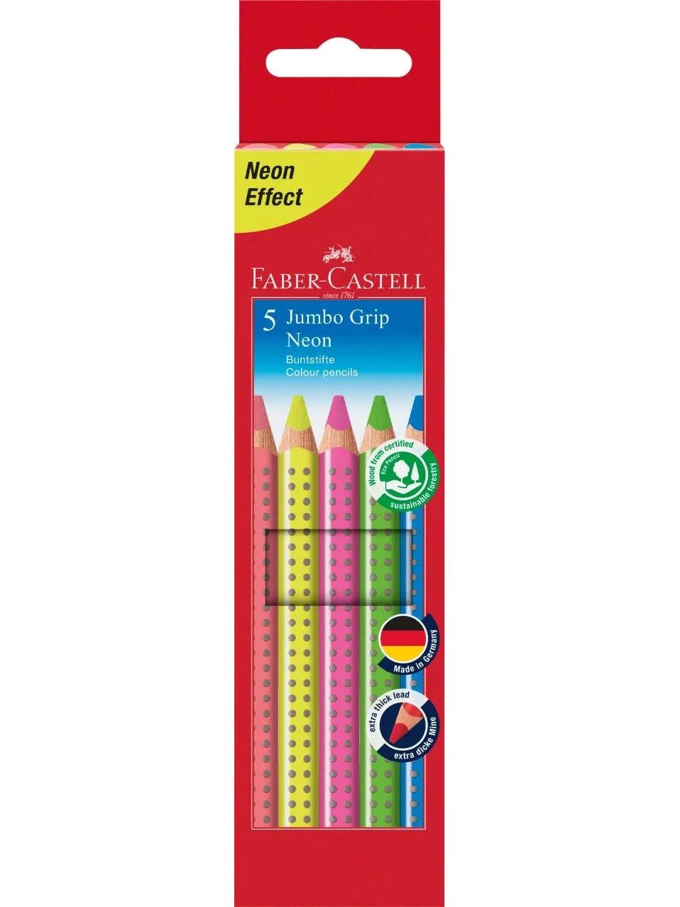 Faber-Castell Buntstift Jumbo Grip Neon Buntstifte 5er Set, Dreieckige Form und Soft-Grip-Zone