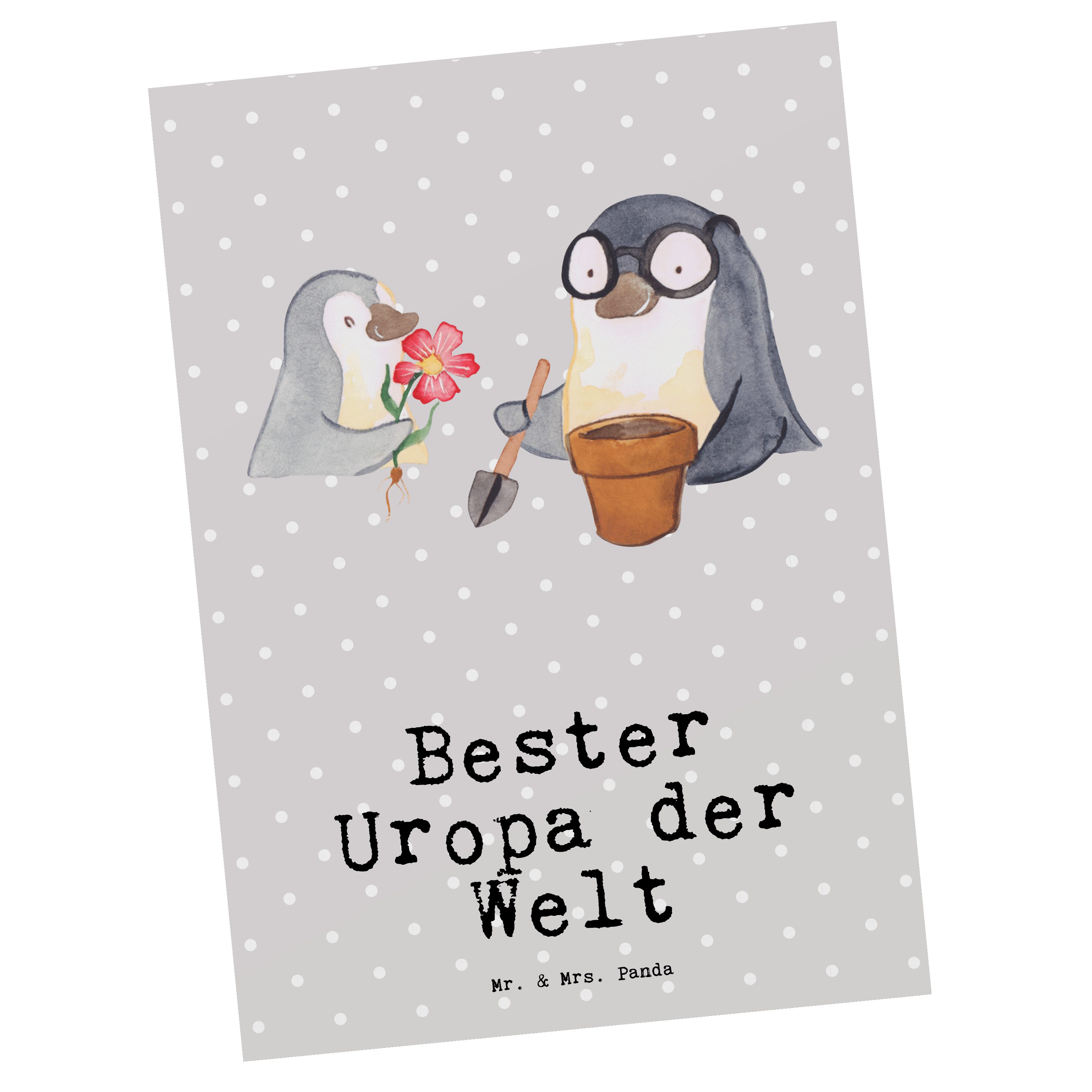 Postkarte Mrs. Geschenk, & Mr. Bester Welt Geburtstagsk Grau Pinguin - Panda Pastell - der Uropa