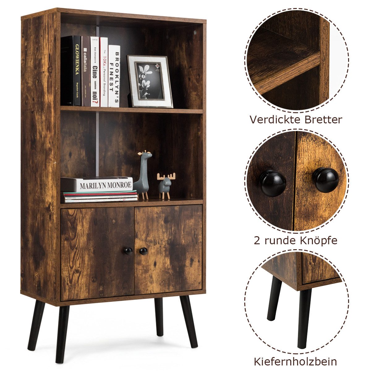 COSTWAY Bücherregal Bücherschrank, mit Türen, 3 Fächern, Holz 60x30x120cm