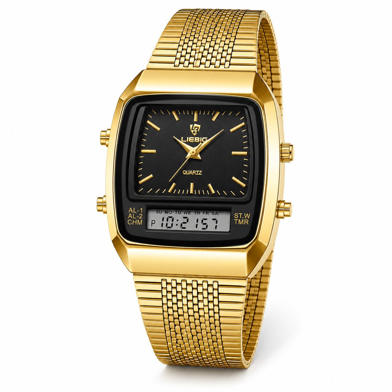Fyrove Quarzuhr Herrenuhr Analog-Digital mit Dualzeit, Alarm und Stoppuhr, Unisex Armbanduhr mit Edelstahlarmband, Datum und Wochentag