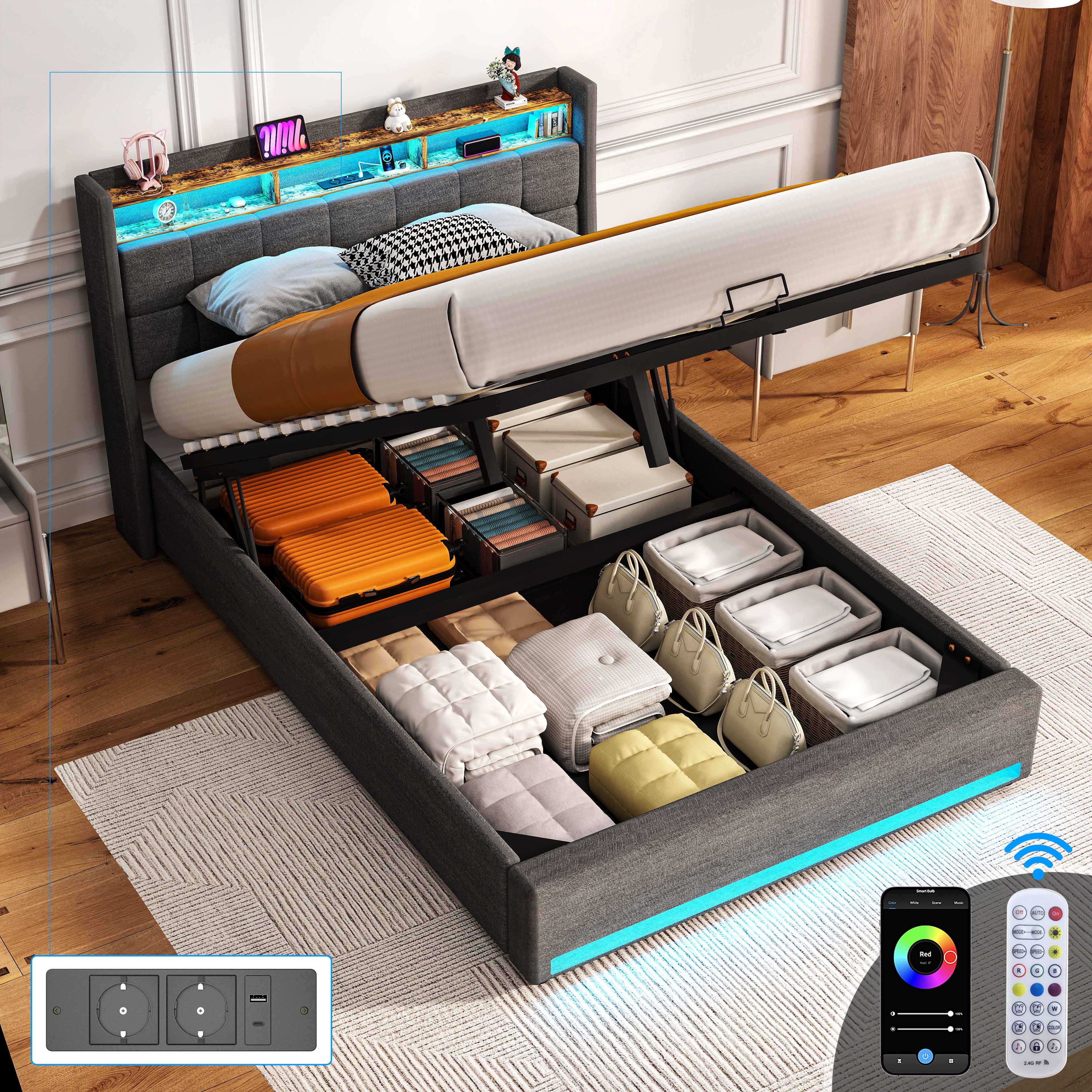 oyajia Polsterbett Doppelbett mit Stauraum gepolstertem Kopfteil (mit LED-B günstig online kaufen