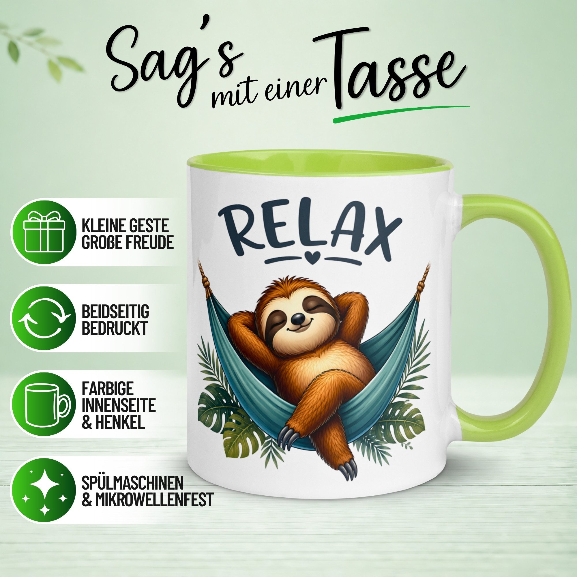 Momentals Tasse Faultier – „RELAX“ – lustiger Anti Stress Geschenk Becher Meditation, Gratis Versand · Links-&Rechtshänder · Spülmaschinenfest