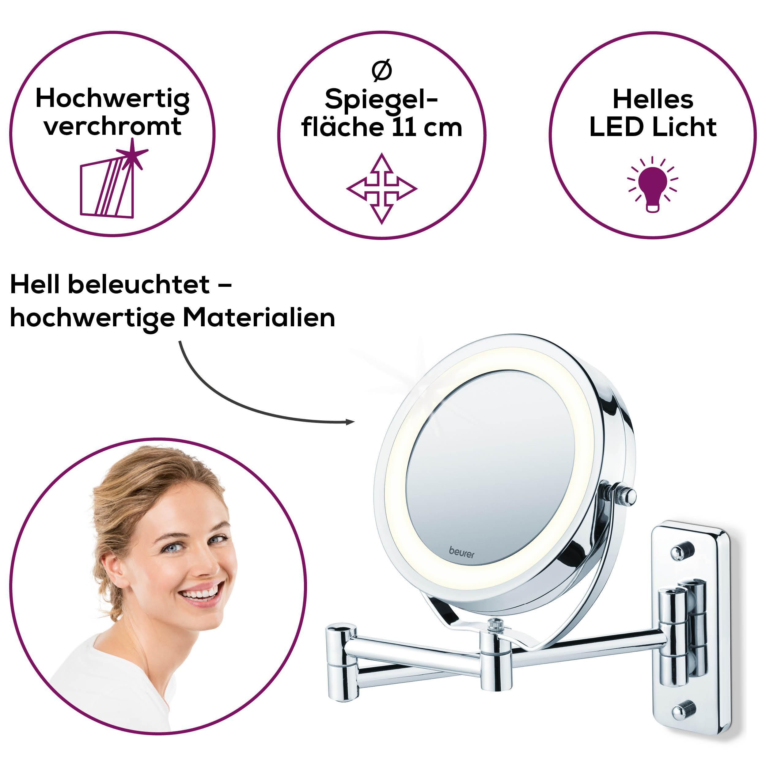 BEURER Kosmetikspiegel BS 59 Kosmetikspiegel, inkl. Schrauben zur Wandmontage, Beleuchtung durch 12 LEDs, mit 5-fach Vergrößerung