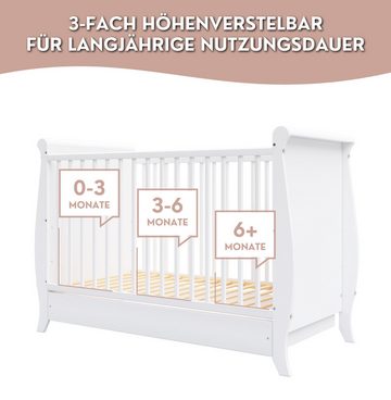 Alavya Home® Babybett MIA, 60x120 Umbaubar zum Kinderbett und Juniorbett 3-fach höhenverstellbar