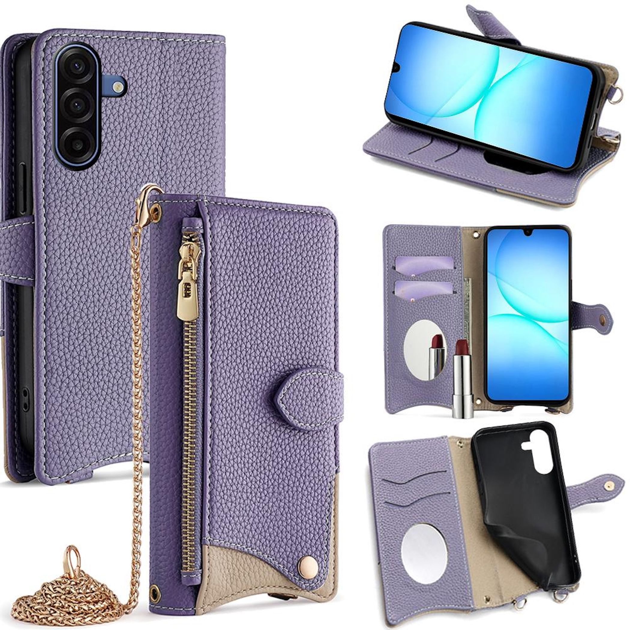 Wigento Handyhülle Für Samsung Galaxy A17 5G Crossbody Kunstleder Schutz Tasche Lila, Wallet Case mit Spiegel, Kartenfächern und Umhängekette