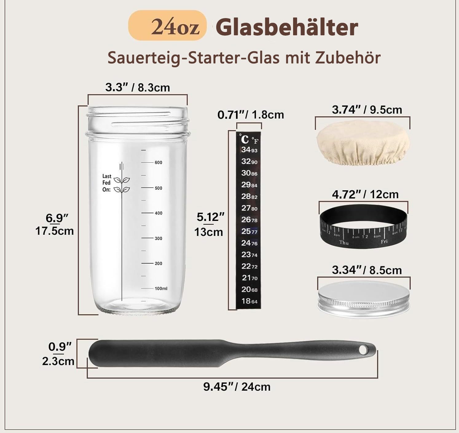 FOUORTUNATE-BEE Fermentationsglas Sauerteig Starter Set aus Glas 680ml, (Glas-Sauerteig-Starter-Kit mit Dattel-Fütterungsband, Thermometer, Deckel, Silikonspatel, wiederverwendbares), Sauerteig-Brot-Backzubehör
