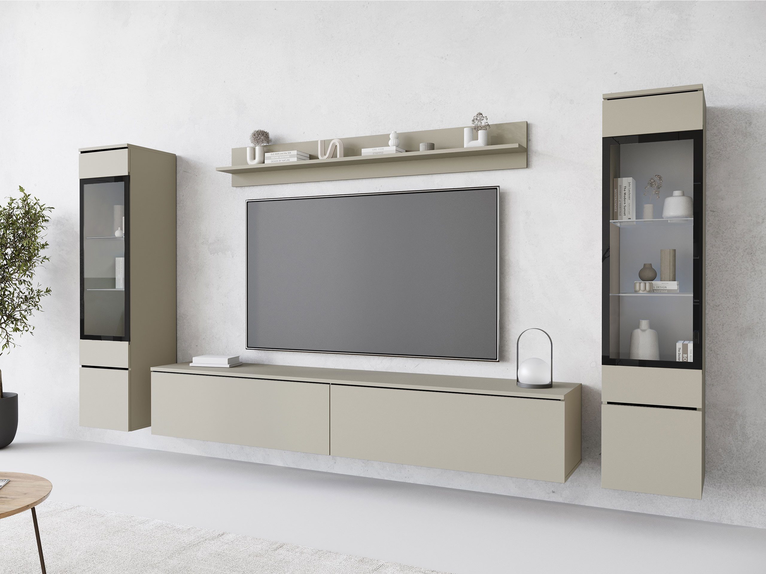 MIRJAN24 Wohnwand Vera II, (4er-Set, Wandregal, TV-Lowboard, 2x Hängevitrine), Glaseinlegeböden, Gehärtetes Glas, LED als Option
