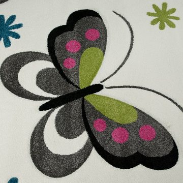 Kinderteppich Kinderteppich Schmetterling Design Creme Pink Grau Grün Blau, TeppichHome24, rechteckig, Höhe: 13 mm