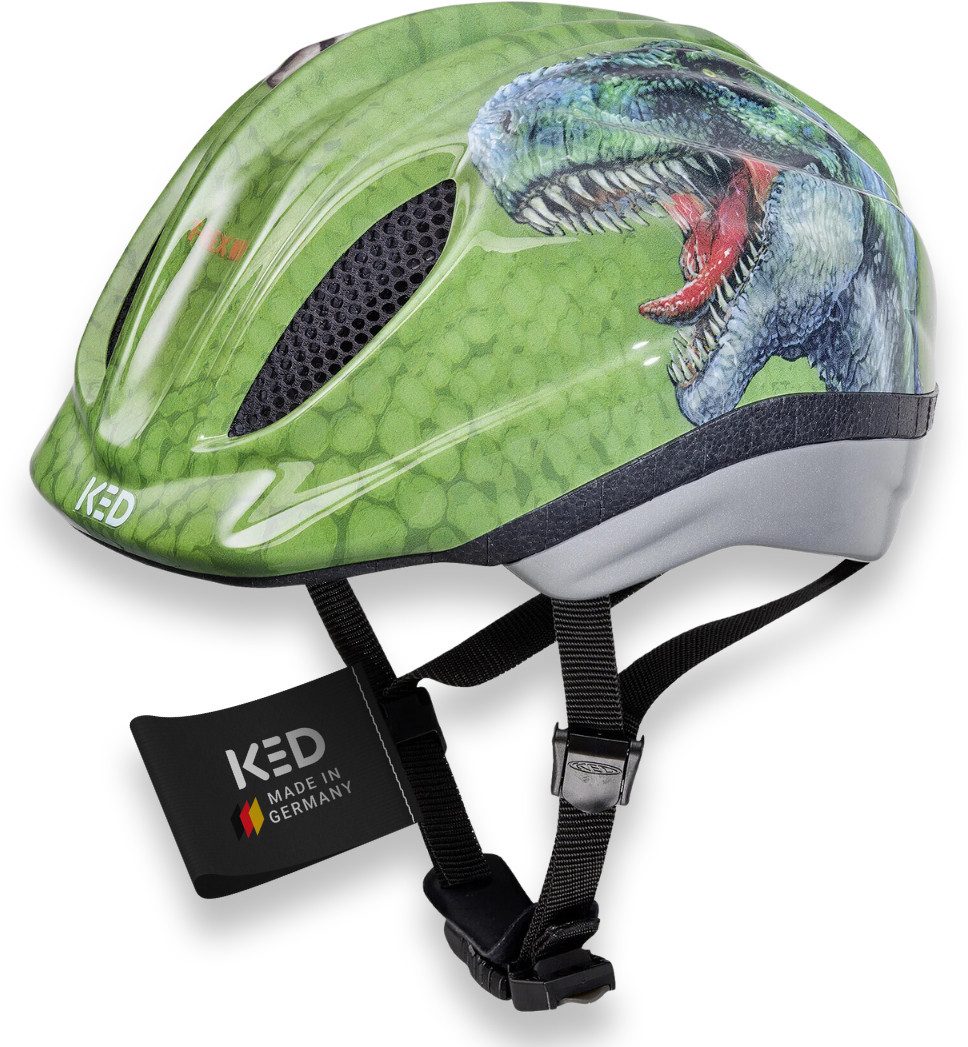 KED Kinderhelm Meggy II Originals T-Rex, Mit LED, Insektenschutz, MaxShell Technologie, Komfortbelüftung