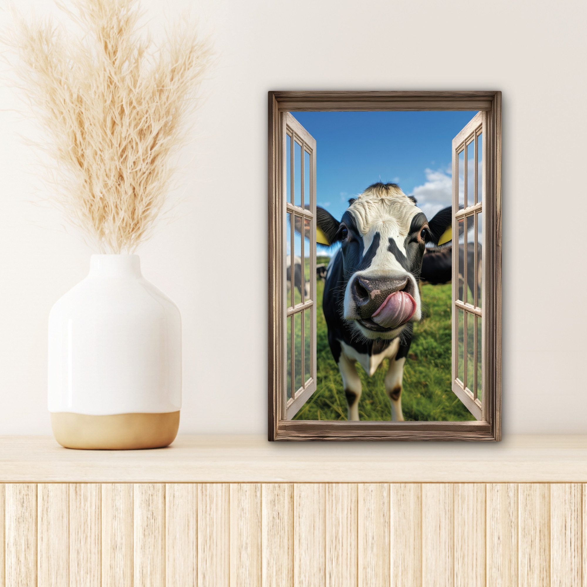 OneMillionCanvasses® Leinwandbild Durchgucken - Kuh - Wiese - Tiere - Natur, Fotodruck (1 St), Leinwand Canvas Wandbild, Wanddekoration 20x30 cm
