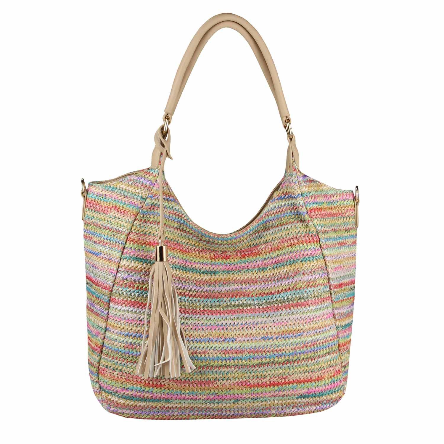 ITALYSHOP24 Schultertasche DAMEN TASCHE Strohtasche Shopper Tote Geflecht Häkeltasche Weekender, Boho Beuteltasche Leder Optik Sommer Basttasche Hobo Strand Urlaub