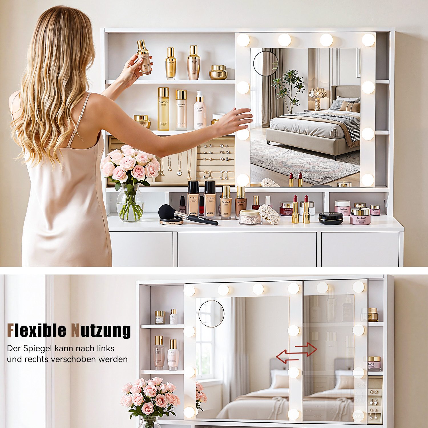 oyajia Schminktisch mit Spiegel und LED-Leuchten,9 Schubladen, Steckdosenleiste (Großer Schminktisch mit Verschiebbarer Spiegel, 110 x 40 x 141.5cm), 9 Schublad – Bild 5 von 5