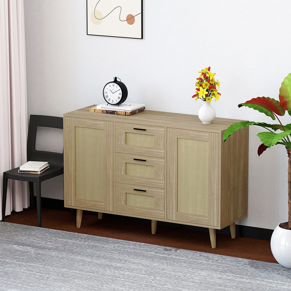 WAOHO Kommode Schubladenkommode Rattantür, Standschrank mit 3 Schubladen und 2 Türen
