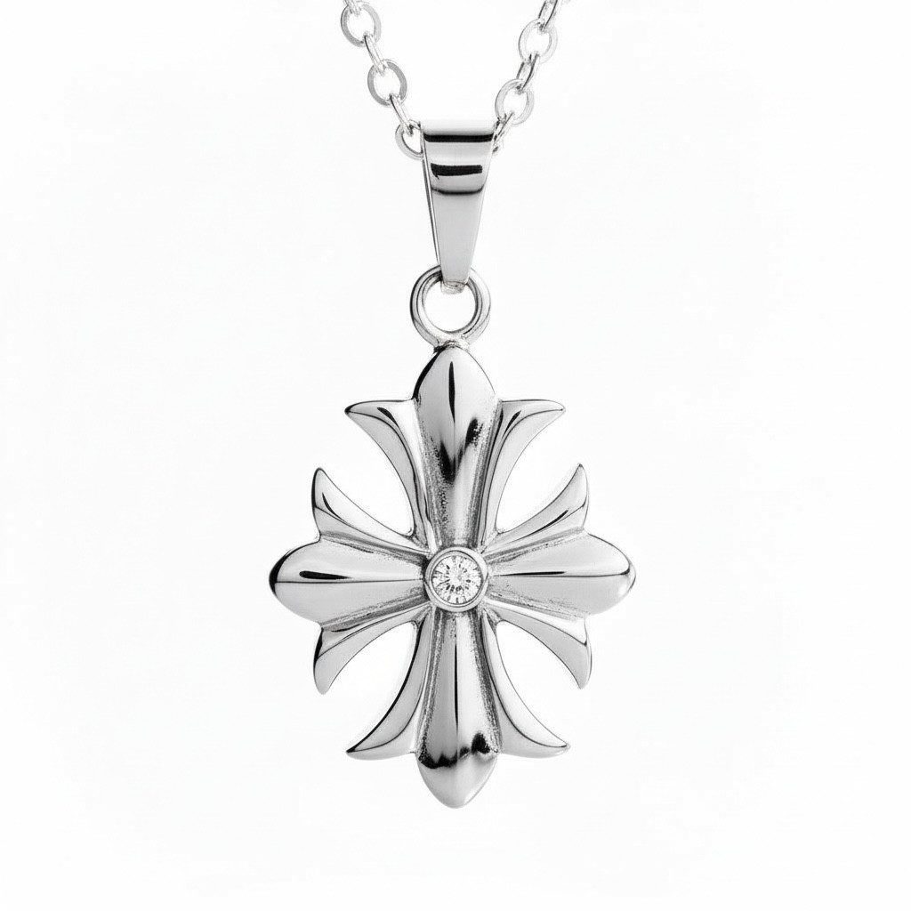 Kette mit Anhänger Edelstahl Kettenanhänger Kreuz Fleur de Lis Weisser Stein