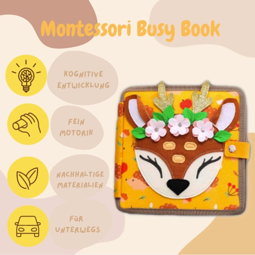 suebidou Stoffbuch Montessori Aktivitätenbuch aus Filz - Busy Board Buch Giraffe / Löwe, nachhaltig, kreativ