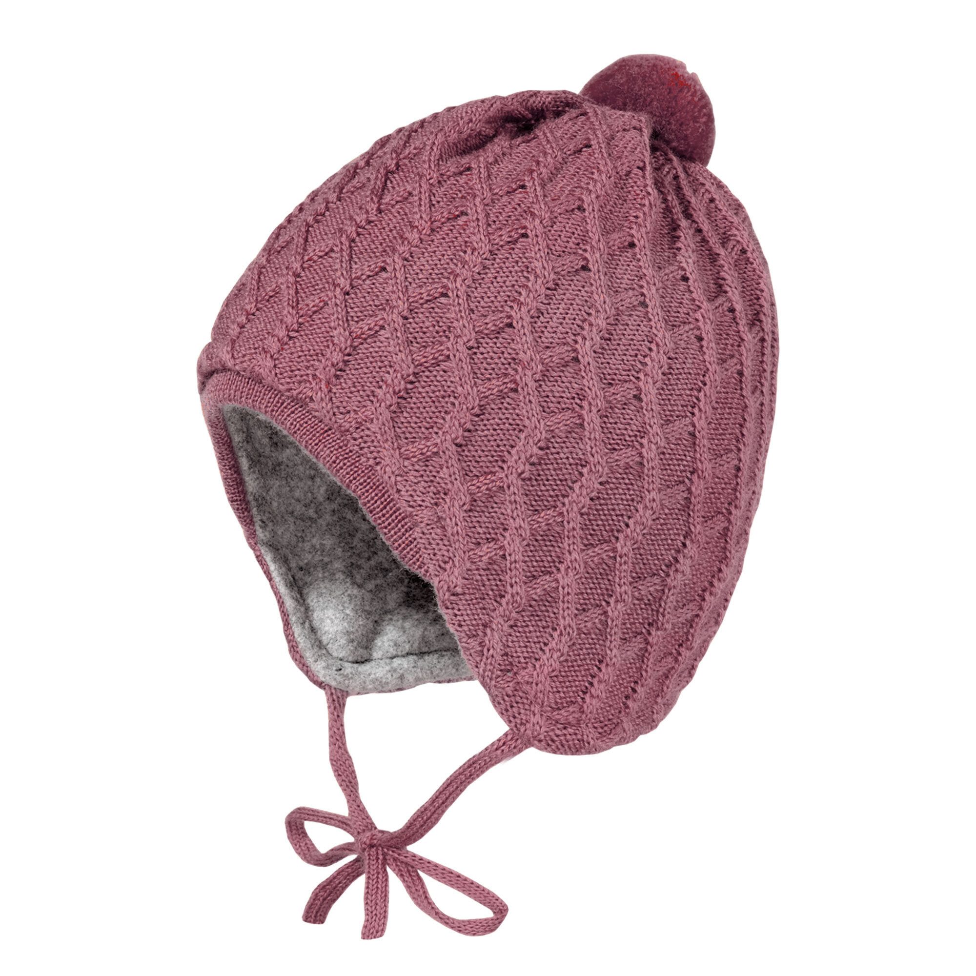 MAXIMO Strickmütze BABY-Mütze, Zopfstruktur, Band ausgenäht, Blende, Pompon (1-St) Merinowolle