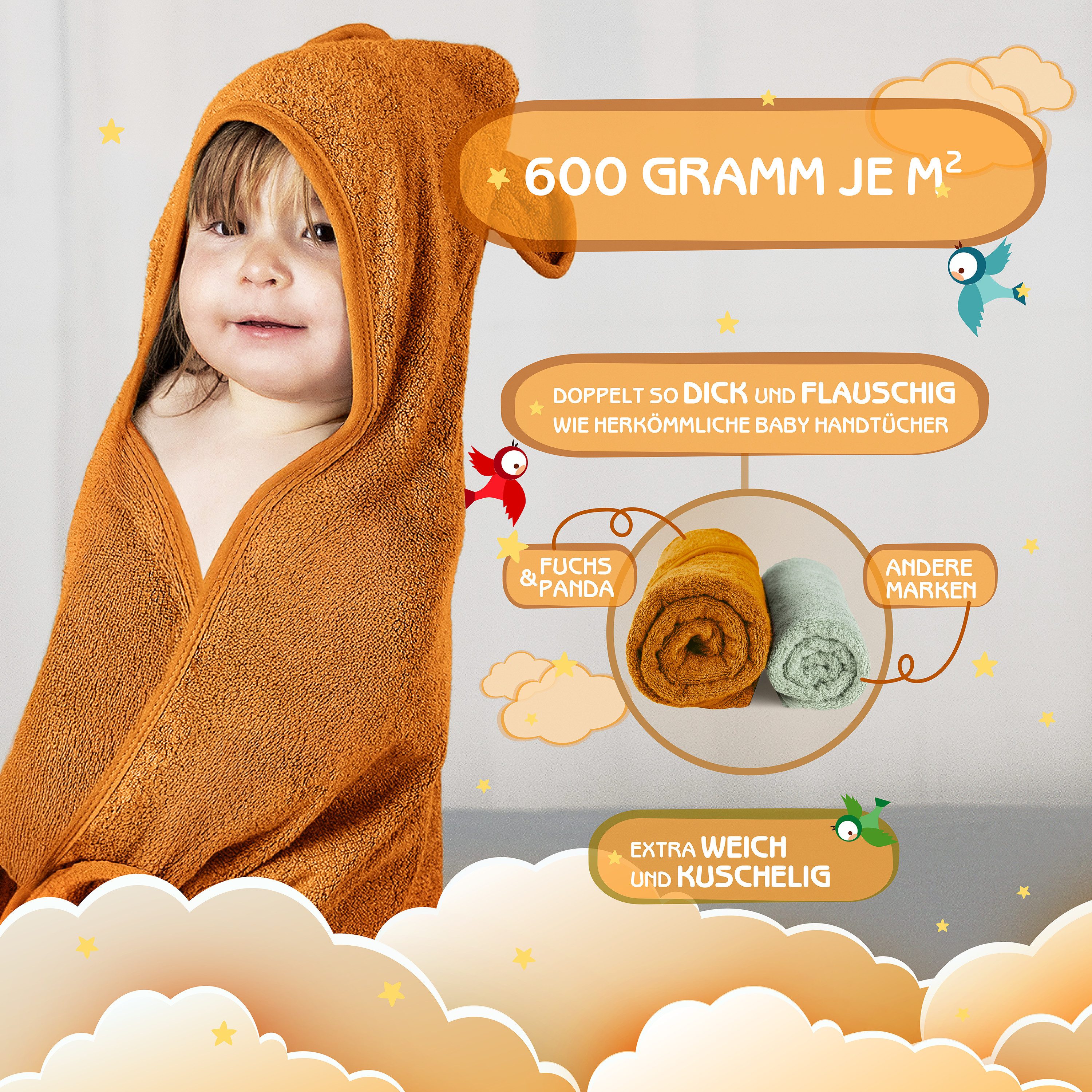 Fuchs & Panda Kapuzenhandtuch Kapuzenhandtuch Baby EXTRA dick, warm & weich aus 100% Bambus, 100% Bambus: Antimikrobiell, Atmungsaktiv, Hypoallergen, Superweich