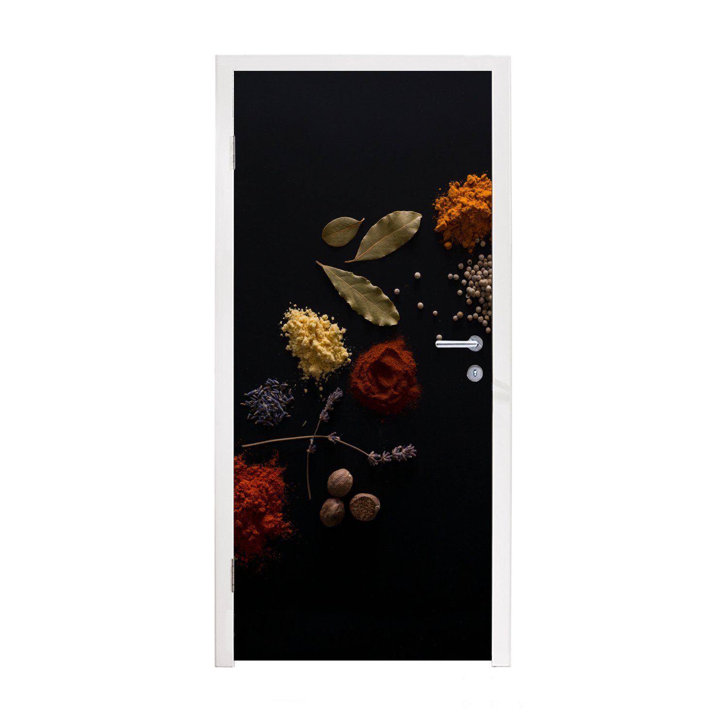 MuchoWow Türtapete Gewürze - Kräuter - Nüsse - Lavendel - Schwarz, Matt, bedruckt, (1 St), Fototapete für Tür, Türaufkleber, 75x205 cm