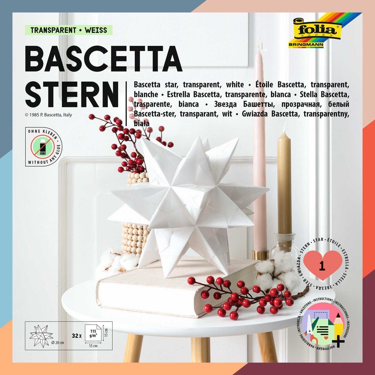 Folia Bastelfilz Bascetta Stern - weiß transparent Ø 20 cm.