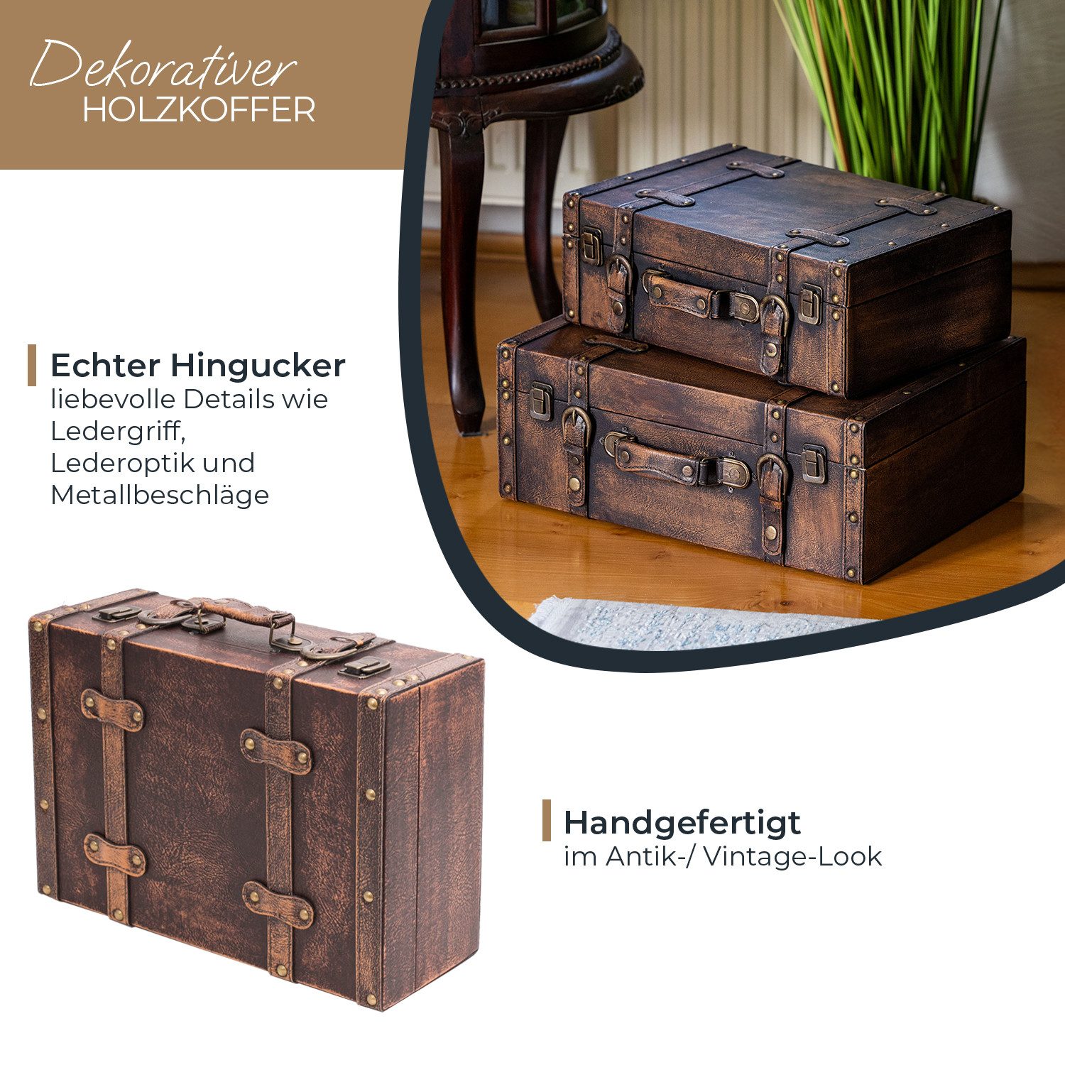 HMF Aufbewahrungsbox Vintage Koffer Holz, Aufbewahrungsbox mit Deckel und Ledergriff als, und Geschenkidee für Hochzeit oder Geburtstag, Klassik 38 x 26 x 13 cm – Bild 2 von 5