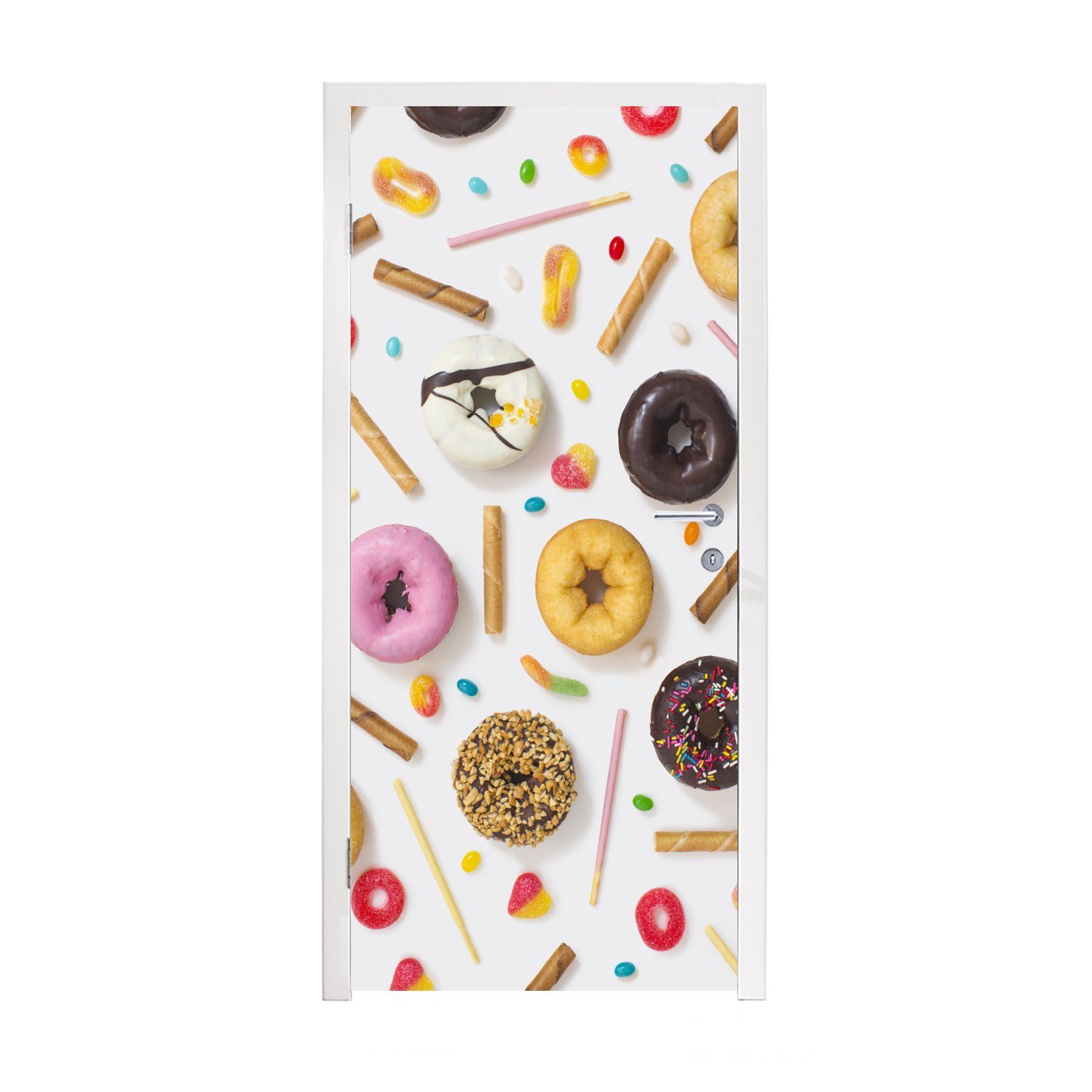 MuchoWow Türtapete Donuts, Süßigkeiten und Kekse, Matt, bedruckt, (1 St), Fototapete für Tür, Türaufkleber, 75x205 cm