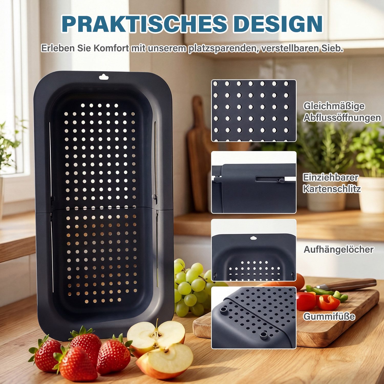 MOPUEA Küchensieb Küchensieb Sieb Ausziehbares Abtropfsieb Verstellbarer Sink Strainer, (pp, sicher, ungiftig, hitzebeständig bis 100°C, 1-St., löcher sorgen fü – Bild 4 von 5