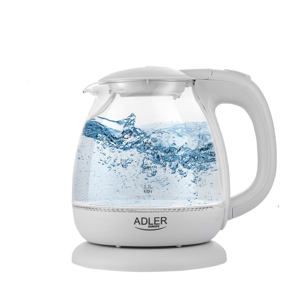 ADLER EUROPE Wasserkocher AD 1283G Glas Wasserkocher klein, Mini Wasserkocher für Büro, 1 l, 1100 W, Singleküche & Reise, LED Beleuchtung, 360° Basis, Grau