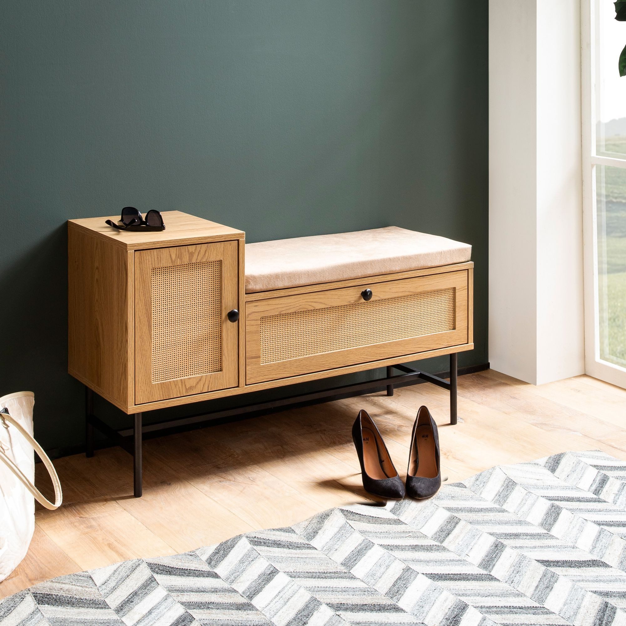 FINEBUY Schuhbank FB103433 Schuhregal 100 cm Garderobe mit Sitzbank Rattan Eiche Klein (mit Sitzfläche Garderobenbank 100x60x38 cm Eiche), Sitzbank Schmal Flur mit Stauraum, Flurbank