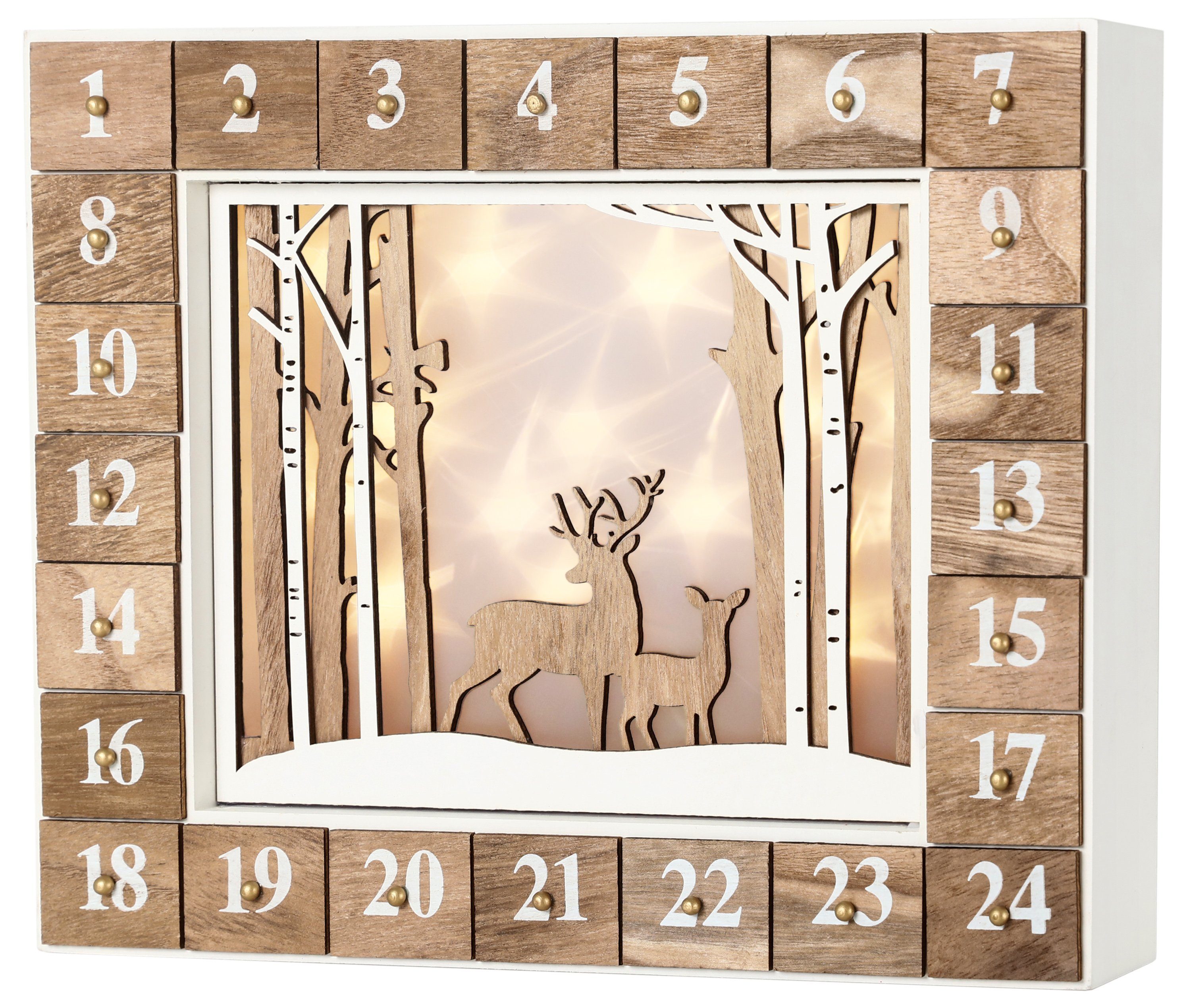 BRUBAKER befüllbarer Adventskalender Wiederverwendbarer Weihnachtskalender zum Befüllen, Weiße Winterlandschaft mit LED Beleuchtung - 35,5 x 6 x 27 cm