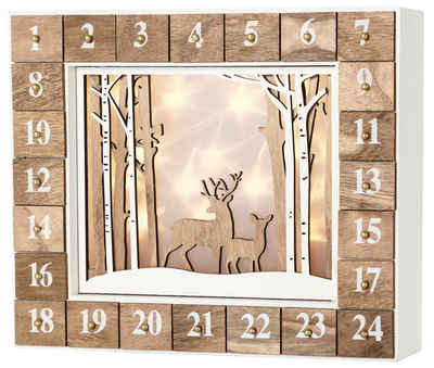BRUBAKER befüllbarer Adventskalender Wiederverwendbarer Weihnachtskalender zum Befüllen, Weiße Winterlandschaft mit LED Beleuchtung - 35,5 x 6 x 27 cm