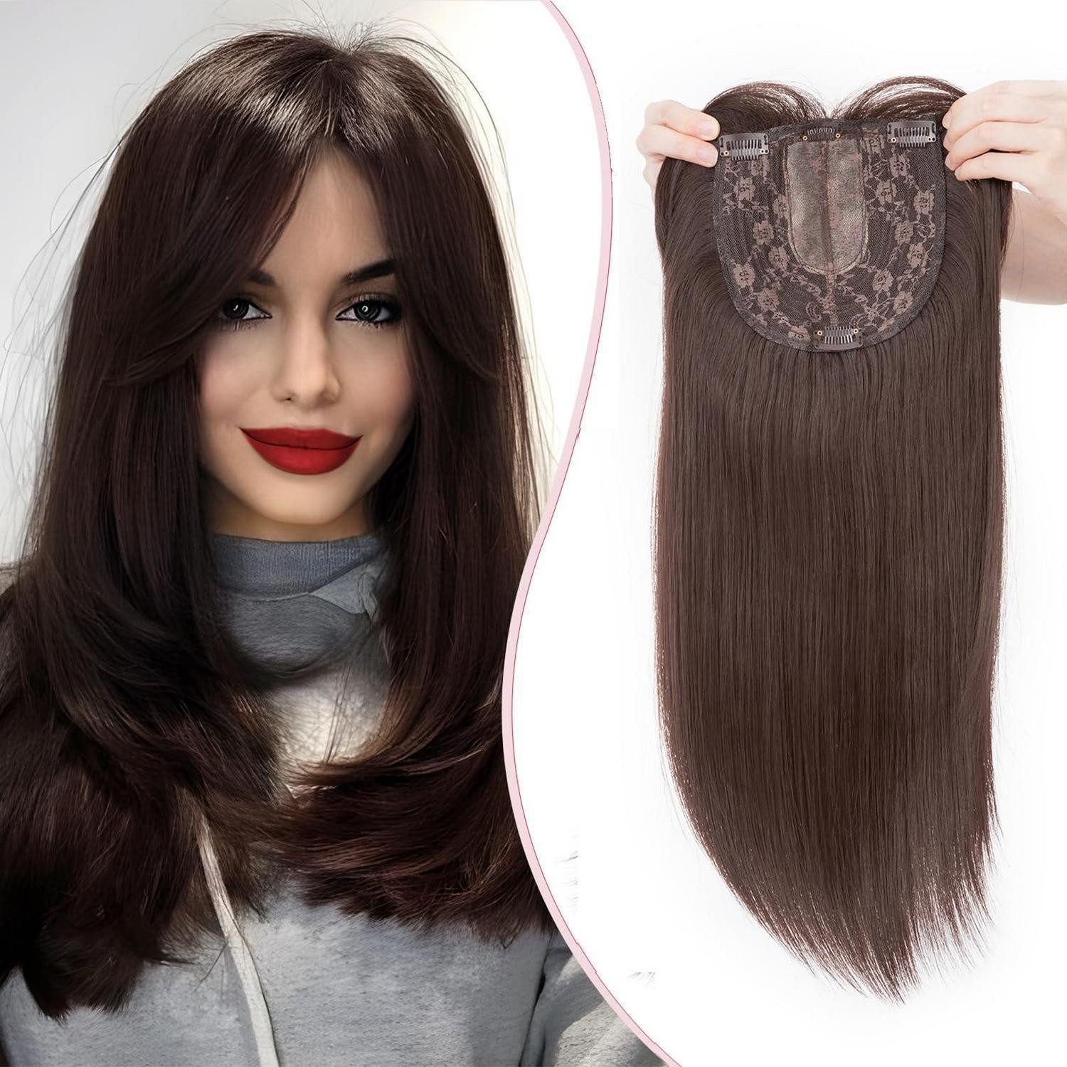 LuxusKollektion Toupet Haartopper Haarteil Basis 15x15cm Clip Synthetik 45 CM Auburn Braun