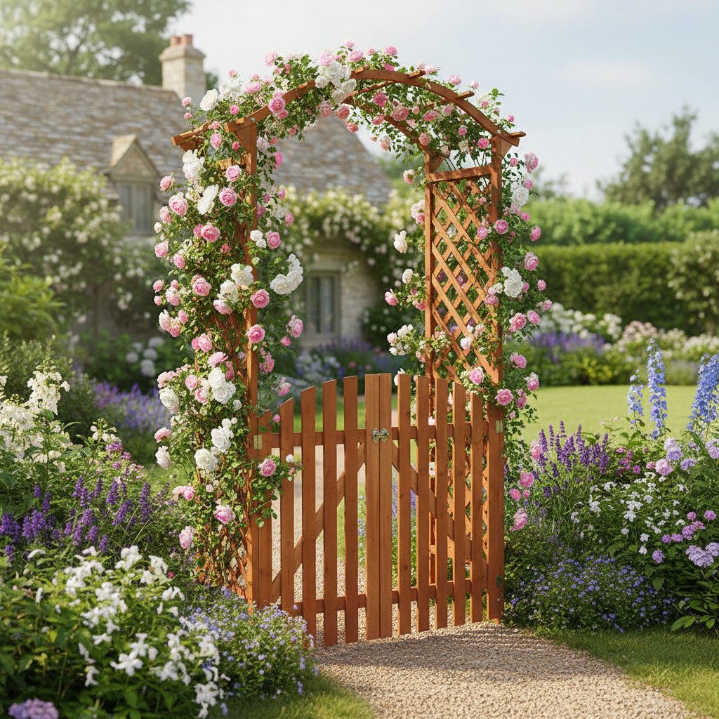 Feel2Home Rosenbogen Rankgitter mit Tür, Gartenbogen Spalier für Rosen & Kletterpflanzen Stück, 1 Rosenbogen mit Tür als Rankhilfe für Kletterpflanzen, Rosenbogen mit Tür und Rankgitter für Kletterpflanzen im Garten